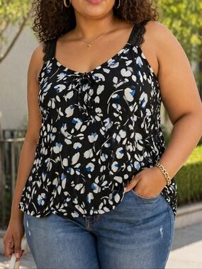 Penningtons Black White Floral Camisole Top Plus Size Lace Strap Tie Neck